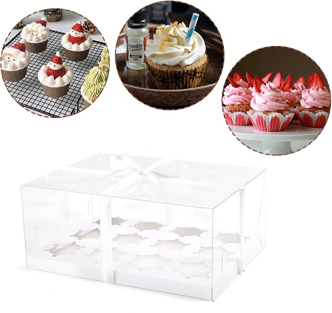 3Pcs Bento Cake Box and Cupcake 1+8 Combination Clear Window Bento Boxes, 6 Holes Bento Vake Box Suitable for 8 Regular Cupcakes and Mini Cakes