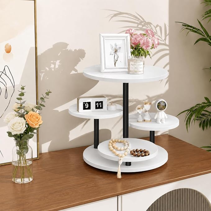 ELITEROO 4 Tiered Wooden Cupcake Stand, Round cake and cupcake stand combo with serving Tray, 360°Rotating Dessert Tower for Pie Table Display Rack for Wedding Birthday Baby Shower Tea Party, White