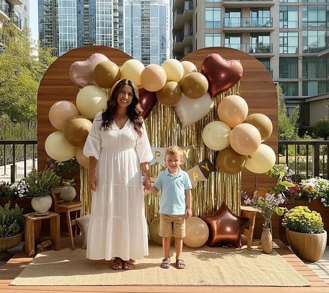 Brown Birthday Balloon Kit,Brown Apricot White Balloons Happy Birthday Banner Fringe Curtains Heart and Star Foil Balloon for Baby Shower Bear Boho Party Decoration