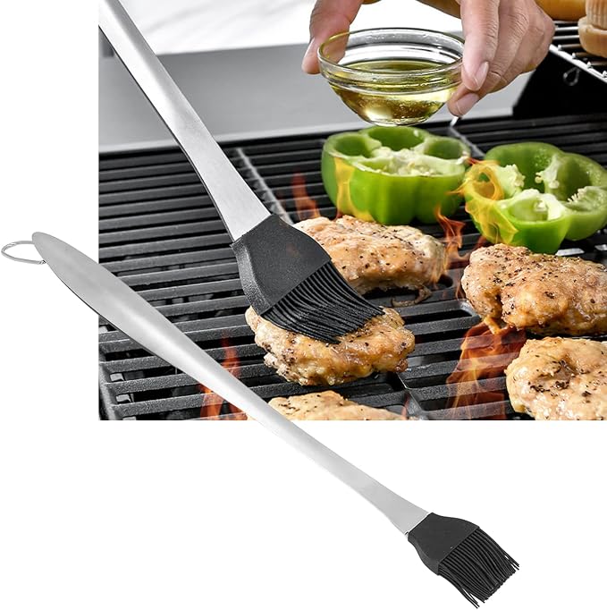 OUKENS Basting Brush, 17.7inch Stainless Steel Long Handle Multipurpose Heat Insulation Anti Scalding Silicone Oil Brush for Cooking, for Pastry Sauce BBQ Grill