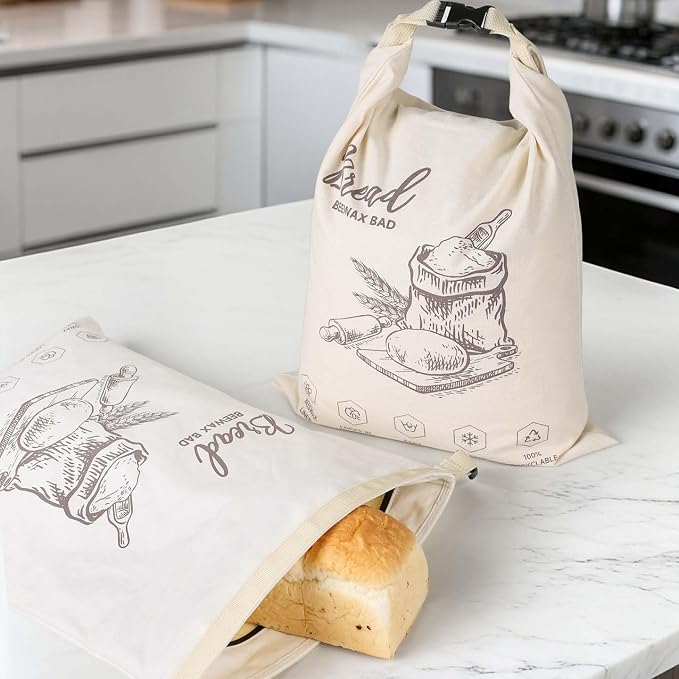 Beeswax Bread Bags for Homemade Sourdough, 2 Pack XL Reusable Organic Linen Cotton Bread Bags with Zipper Seal to Keep Bread Fresh (white and ecru)