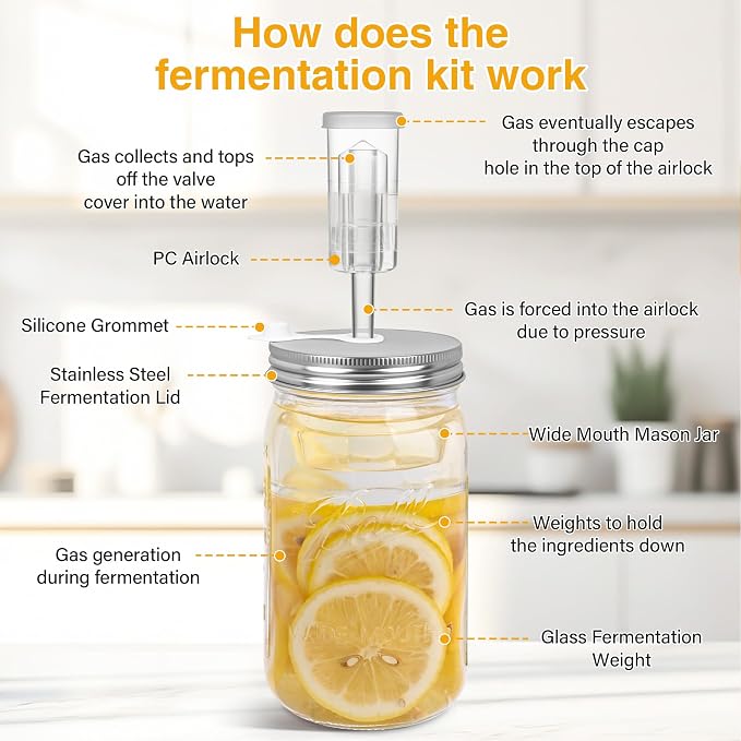32 oz Mason Jar Fermentation Kit 4 Pack(Jar Included),Sauerkraut/Pickling Kit with 4 Pack Fermenting Jars, Glass Fermentation Weights,Fermentation Lids,Airlocks,Silicone Gaskets and Silicone Grommets