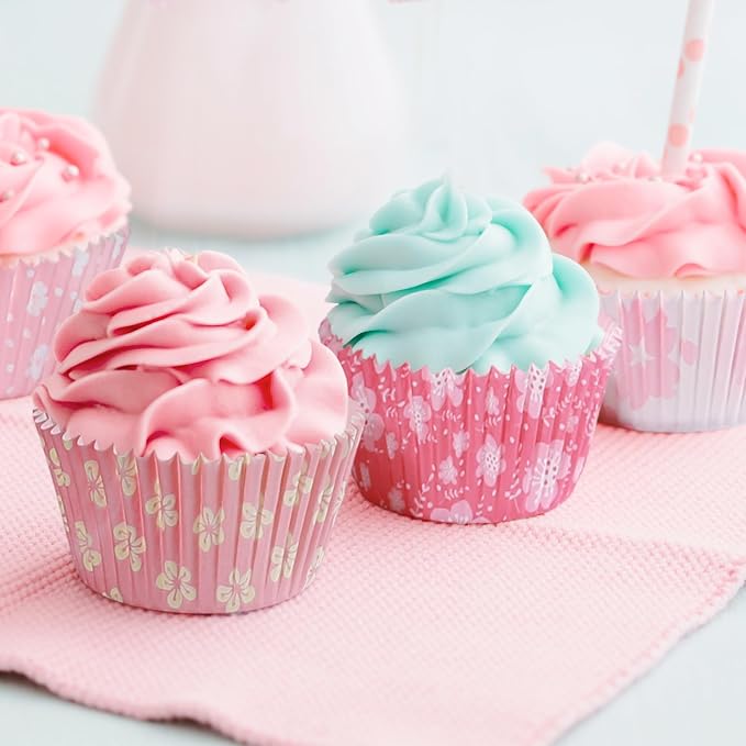 Standard Cupcake Liners 100 Pack, Colorful Paper Baking Cups Food Grade Disposable Cupcake Wrappers Pink Floral Muffin Liners for Birthday Tea Themed Party Decor