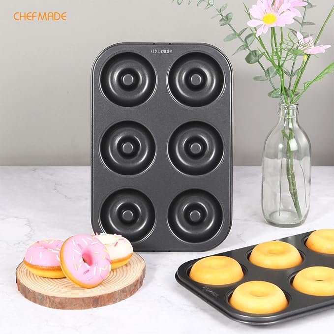 CHEFMADE Donut Pan, Nonstick 6 Cavity Ring Doughnut Pan for Baking Cookies Bagel (Black)