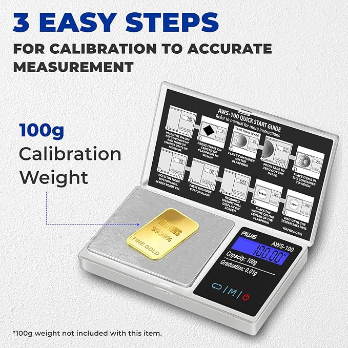 American Weigh Scales Series Digital Pocket Weight Scale Backlit LCD Stainless-Steel Surface 100g x 0.01g, (Silver), AWS-100-SIL