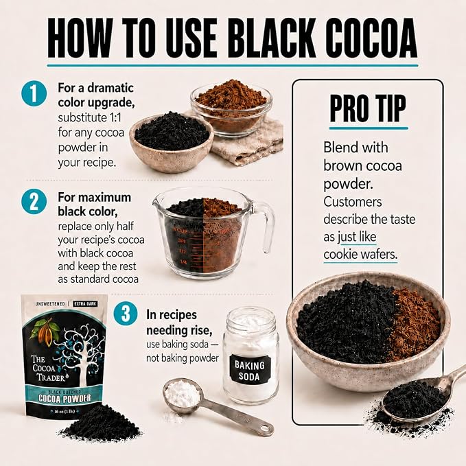 Black Cocoa Powder for Baking - Unsweetened, Extra Dark, 1 lb | Dutch Processed Cocoa Powder - Natural Jet Black Food Coloring Substitute - Alkalized, Vegan, Gluten Free, 65 Servings