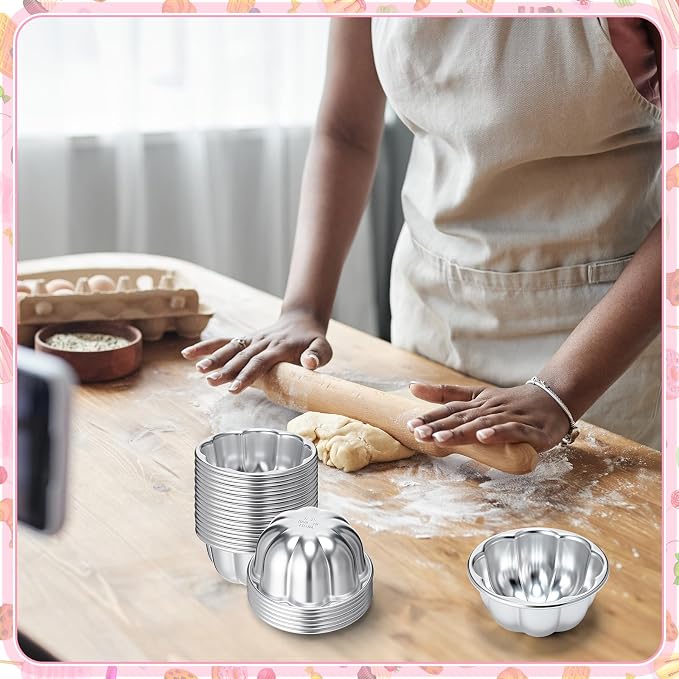 Honeydak 24 Pack Pudding Cup Pans Mini Fluted Cake Small Jelly Pans Aluminum Alloy Reusable Cake Tartlets for Baking Egg Tart Flan Cupcake Bread Muffin Brownie Pudding, Non-sticky(R-15)