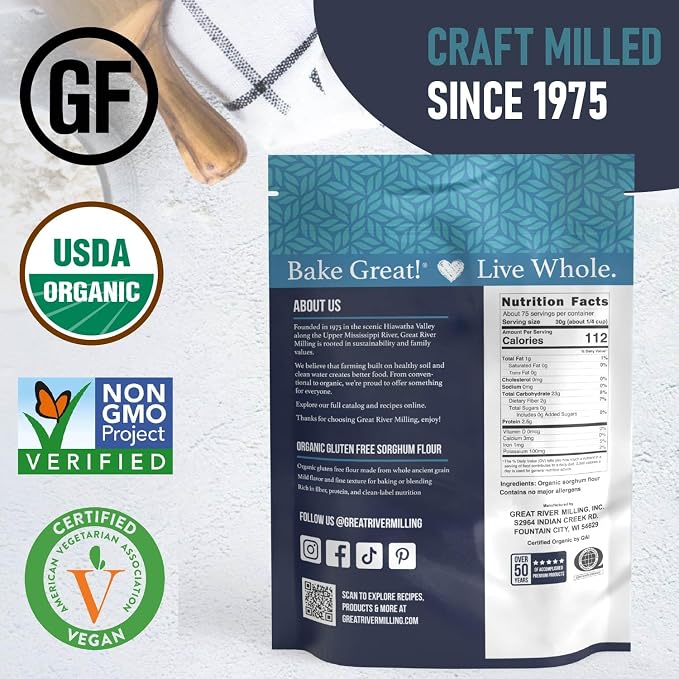 Great River Milling Organic Sorghum Flour | Gluten Free Whole Grain Flour | USDA Organic, Non-GMO, Kosher, Vegan Certified | Mild, Versatile Baking Ingredient for Breads, Cookies & Batters | 5 Lb