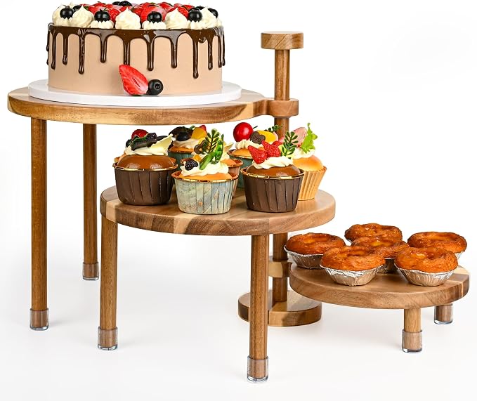 GEHE 3 Tier Round Cupcake Stand, 360° Rotatable Acacia Wood Cake Stand Cupcake Tower, Rustic Wooden Tiered Dessert Table Display Set, Tiered Tray Stands for Birthday, Wedding Party (12-10-8 IN)