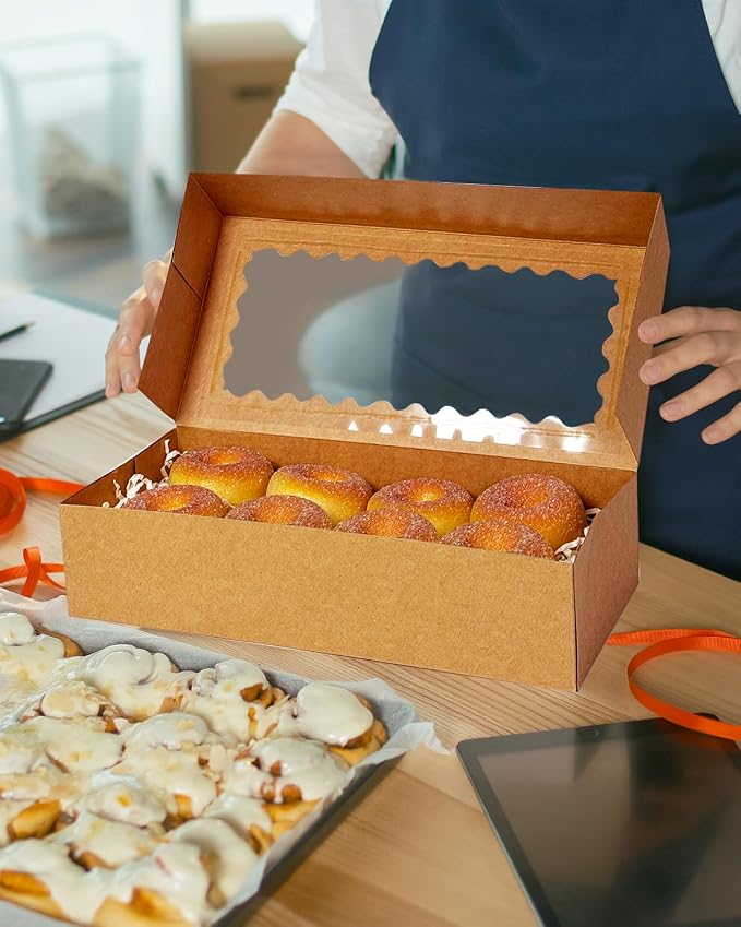qiqee Auto-pop up 12x5.5x2.5 Inch Brown Cookie Box with Window 30Pcs Pastry Macaron Bakery Box For Packaging