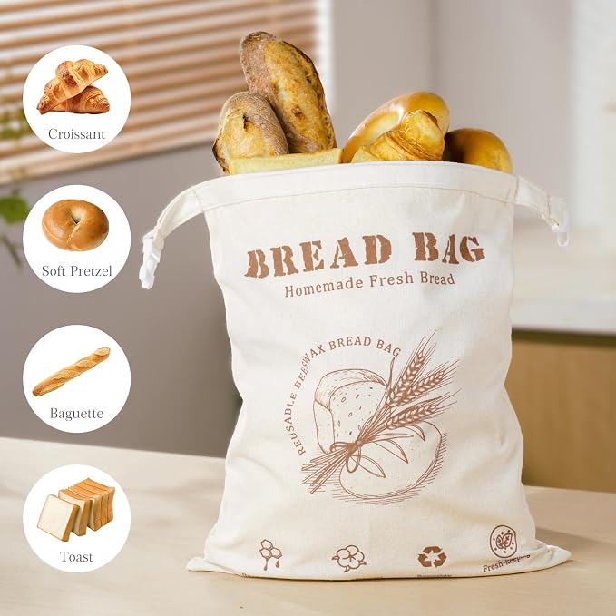 Beeswax Bread Bag, Sourdough Bread Bags for Homemade Bread, 17 * 13in Bees wax Wraps Reusable With Freshness Lock Zipper, Keep Bread Fresh for Longer (Caramel loaf)