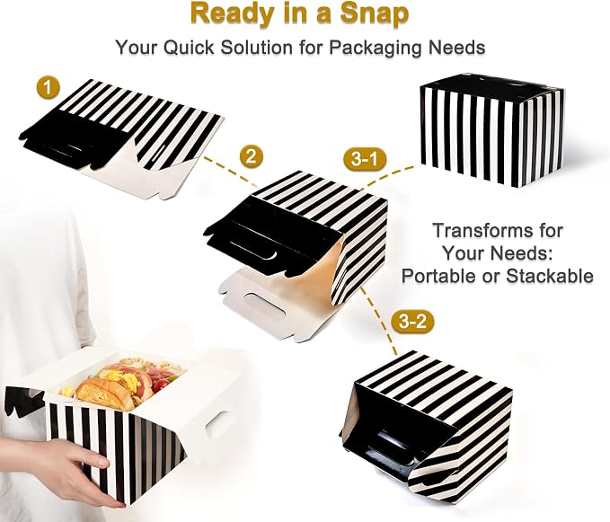 Happyhiram 40-Pack Large Gable Boxes Black Striped - 9x6x6 Inch Sturdy Cardboard Containers for Gifts, Box Lunches, Cookies, and Birthday Wedding, Easy to Assemble with Handles