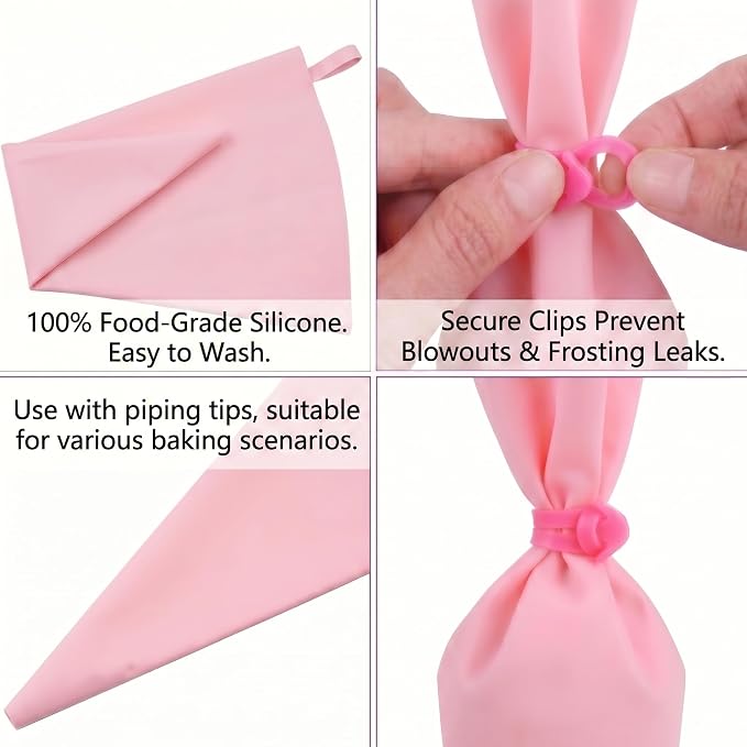 2 Pack Piping Bag Holder Stand Kit, 2 Clear Detachable Holders with Reusable Silicone Icing Bags and 10 Pink Clips, Hands-Free Frosting Filling Tool for Cake, Cupcake, Cookie Decorating