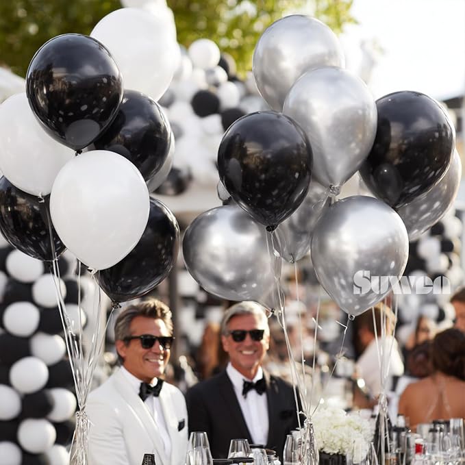SUWEN Black and Silver Balloons,60pcs 12 inch Black White Silver Metallic Chrome Balloons for New Year Birthday Wedding Anniversary Party Decoration