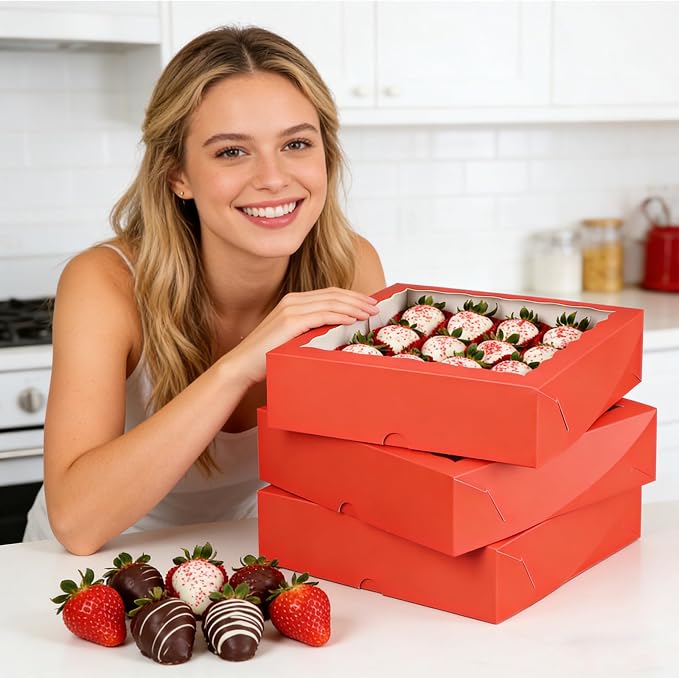 Pie Boxes Red Bakery Boxes with Window (6pcs, 9x9x2.5 Inch) for Christmas: Ideal for Pie, Cookies, Chocolate Covered Strawberries, Breakable Heart & Charcuterie