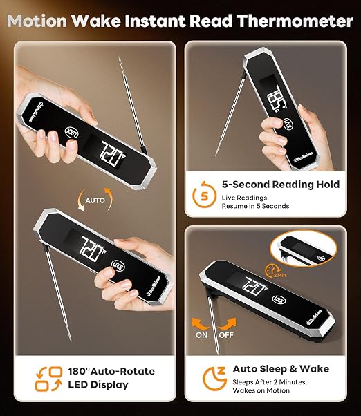 LockView FM151 Meat Thermometer with Temp Lock & Auto-Resume, Multi-Tested 0.5 Sec Instant Read Digital Probe, IP67 Waterproof 18/8 Stainless Steel for Cooking, Grilling, BBQ, Smoker, Candy, Black