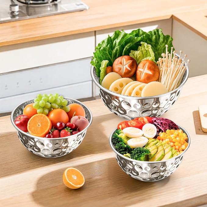 5-Piece Stainless Steel Mixing Bowls (4.9/4.2/3.2/2.1/1.6QT), Hammered Design Nesting Metal Mixing Bowl Set for Kitchen Meal Prep, Movie Night and Party