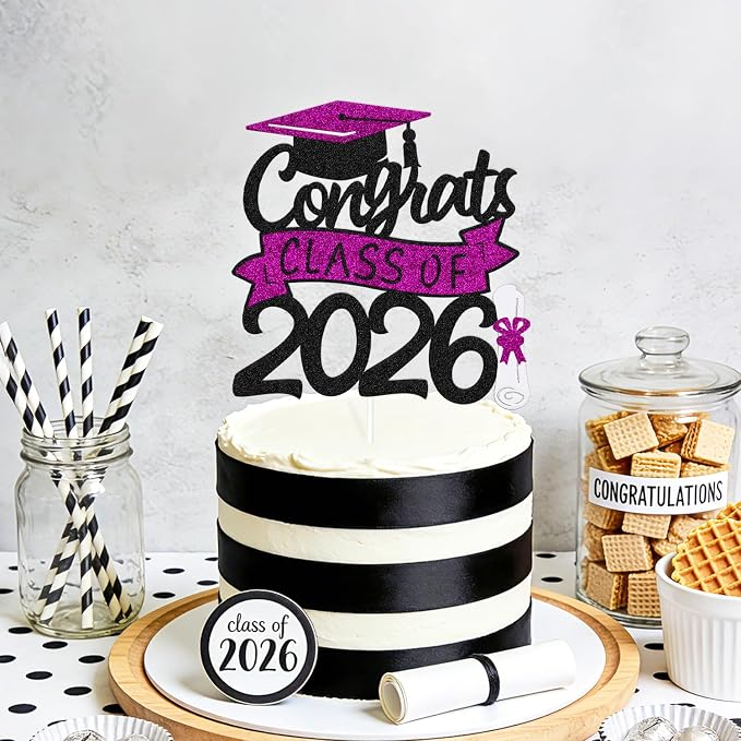 Congrats Class of 2026 Cake Topper Congrats Grad Cap Diploma Theme for High School Happy Graduation Party Supplies College Graduate Decoration (Purple)
