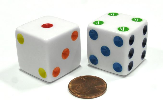 Set of 6 D6 25mm Large Opaque Jumbo Dice - White with Multicolor Pip by Koplow Games