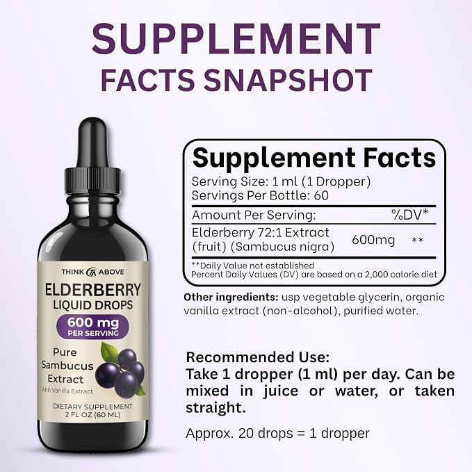 Think Above Elderberry Liquid Drops, 600mg, 2 Fl Oz, Pure Sambucus Extract with Vanilla, Vegan Immune Support Supplement, (Pack of 2)
