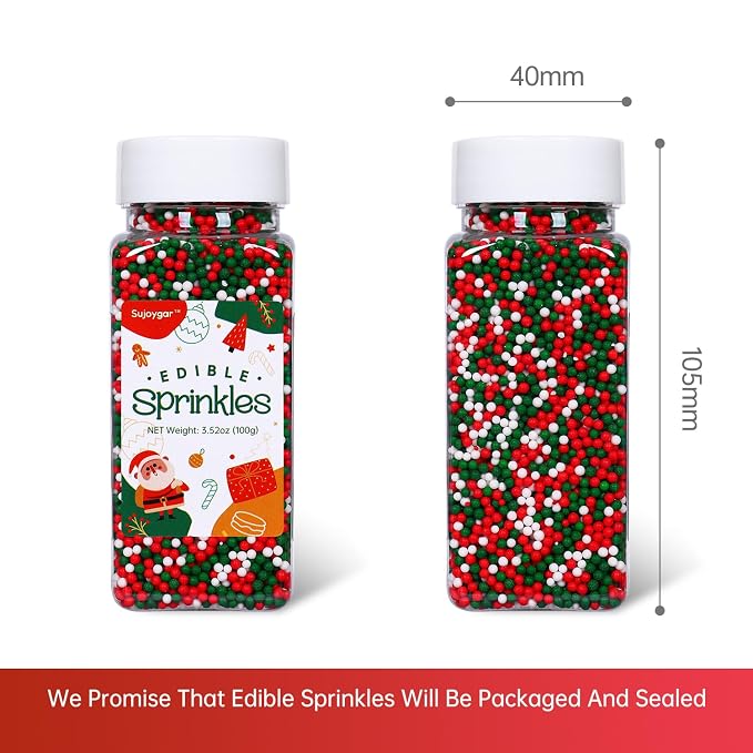 Christmas Nonpareils Sprinkles, 3.52oz Christmas Sprinkles for Cake Decorating Cupcake Toppers Baking Cookie Ice Cream Dount Chocolate, Edible Round Sugar Candy Food Grade