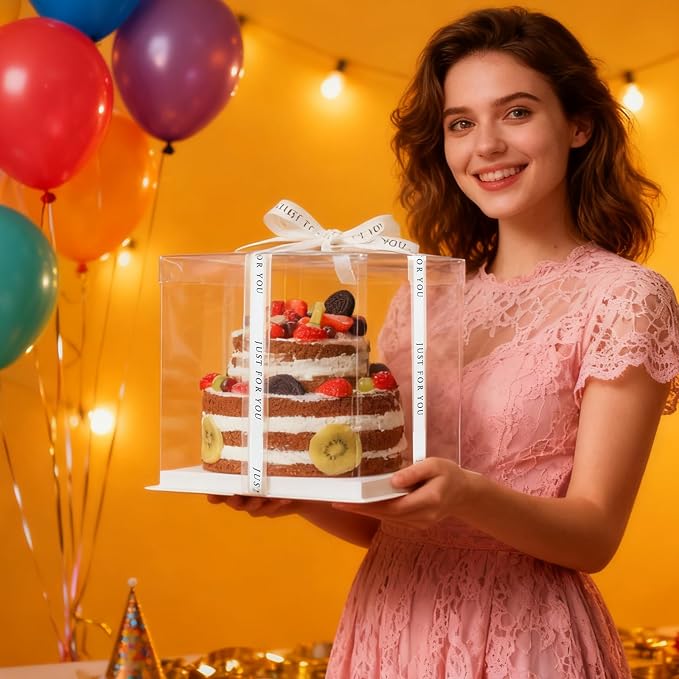 cake box-14 * 14 * 10inch/4pcs, Clear Display Gift Boxes with RibbonStackable Food Storage Containers for Pastry (Clear, 14 * 14 * 10inch/4pcs)