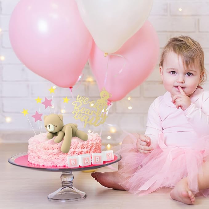 Yinder Bear Cake Toppers Mini Bear Cake Decorations Cake Toppers Gold White Pearl Ball for Birthday Party Decorations(Pink, Brown,Cute Style)