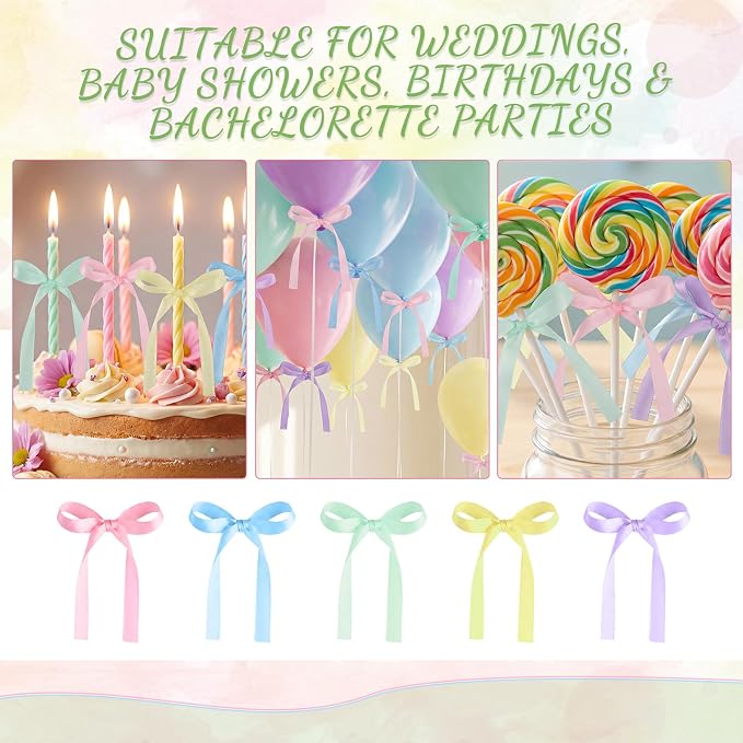 30 PCS Pastel Bows for Cake Ribbon Bow Cake Topper Rainbow Bow Cupcake Toppers for Baby Shower Bridal Weddings Birthday Party Bachelorette Balloon Wall Decorations