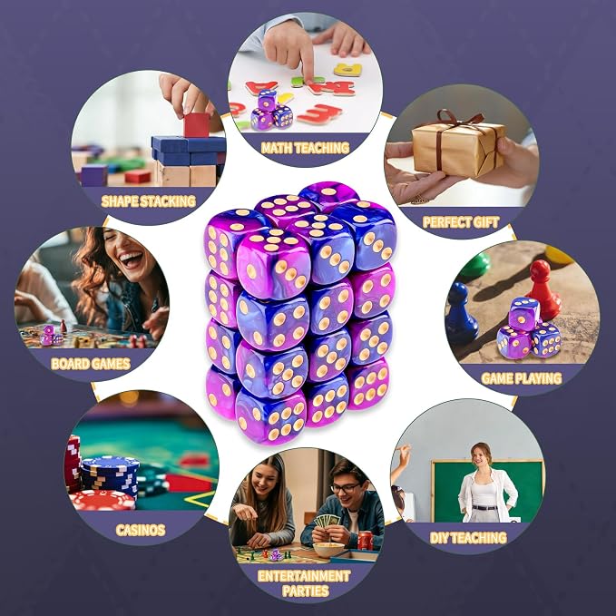 24 of Pack 16MM 6 Sided Dice Set,Two Colours D6 Game Dice Set, 6 Sided Standard Dices for Yahtzee, Bunco or Teaching Math,with Portable Dice Pouch(Purple and Blue)