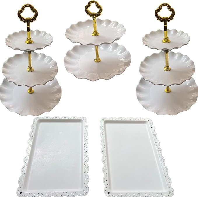 NWK 5 Piece Cake Stand Set with 2 x 3-Tier Cupcake Stands, 1 x2-Tier Cupcake Stands, 2 x Appetizer Trays, for Wedding Birthday Baby Shower Tea Party Decorations (5, Gold, Round)