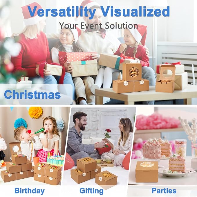 Shallive 4-Inch Small Cookie Boxes 50 Pcs Brown - Bakery Treat Boxes with Window for Gifting, To-go Containers Paper for Cake Slice, Macarons, Donuts 4x4x2.5