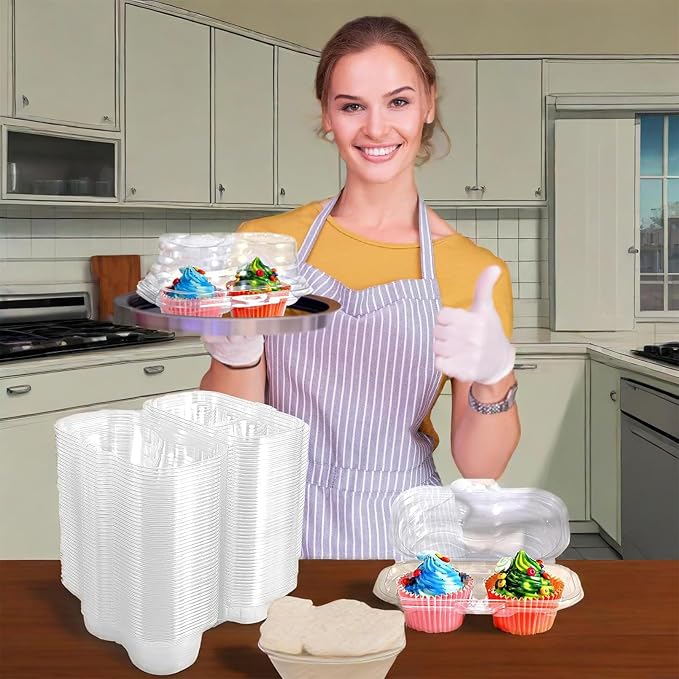 50 Pcs 2 Compartment Cupcake Containers with 150 Pcs Mini Baking Cups,2 Cavity Cupcake Boxes, Stackable Deep Dome Cupcakes Carrier Holder with Lid for Cupcakes Pies Muffins, BPA-Free