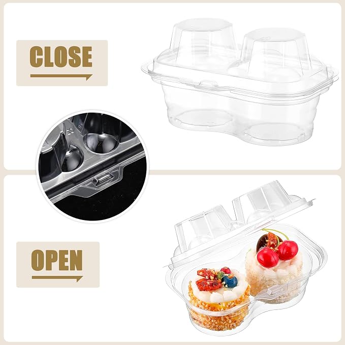 Eaasty 100 Pcs 2 Compartment Plastic Cupcake Containers Disposable Deep Cupcake Carrier Holder Box with Lids Stackable Clear Dessert Container for Muffin Pies Weddings Birthday Party