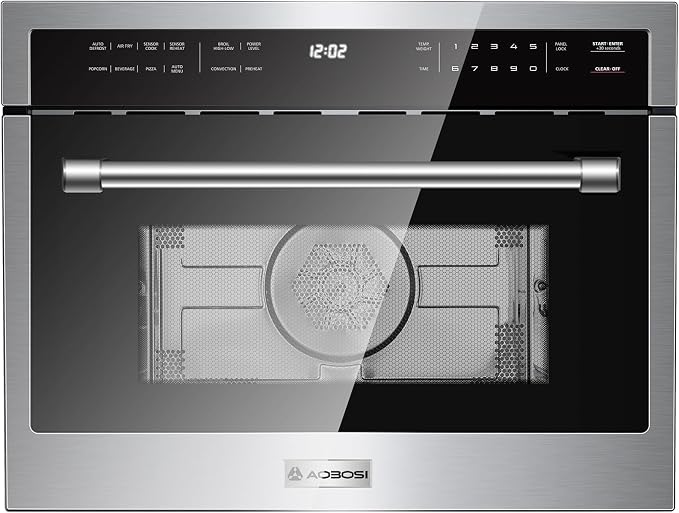 AAOBOSI 24 Inch Built-in Microwave Convection Oven, 1.6 Cu.Ft Wall Microwave Air Fryer Combo, 1000W, Sensor Cook & Auto Menu, 12 Cooking Modes, Drop Down Door, Stainless Steel