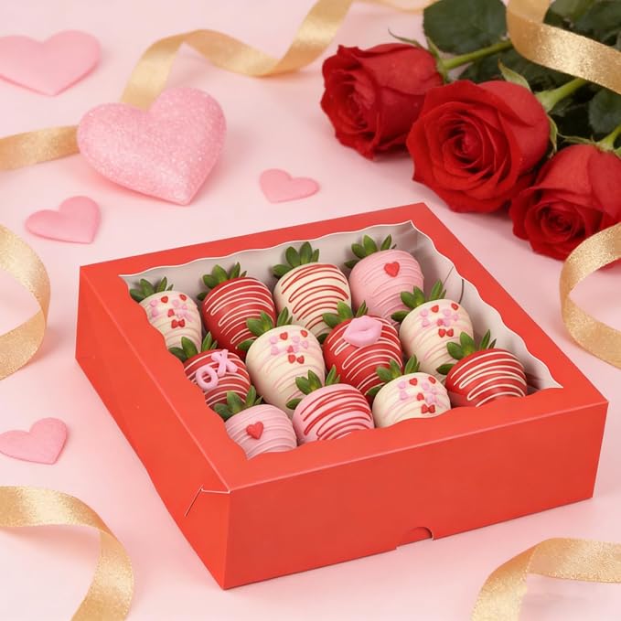 TEMLQPACK 50 Pack 9"x9"x2.5" Pie Boxes Red Bakery Boxes with Window, Pie, Cookies, Chocolate Covered Strawberries, Breakable Heart, Charcuterie Boxes for Christmas