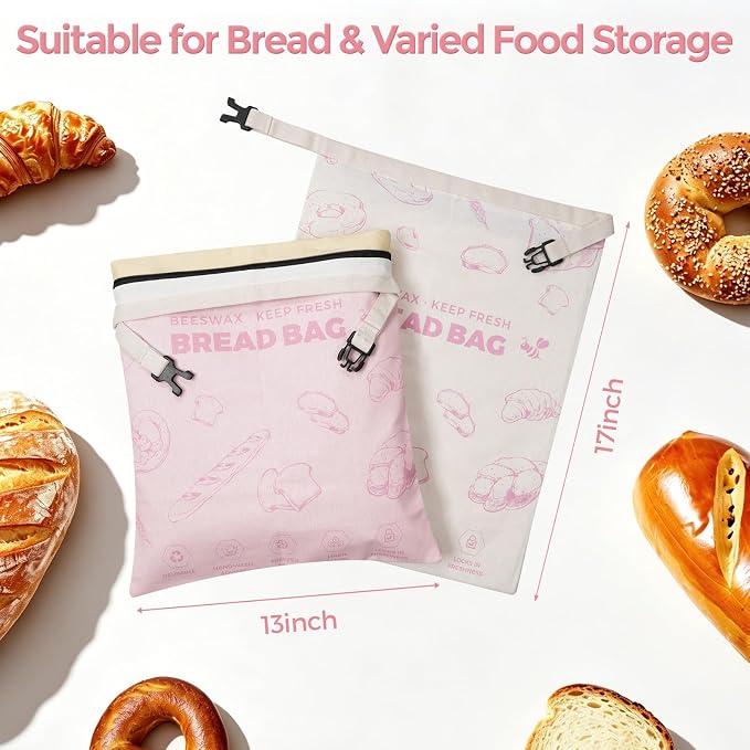YARRAMATE Reusable Beeswax Bread Bags for Homemade Bread & Sourdough, 2 Pack XL 17x13in Cotton Bread Storage Bags with Zipper for Loaf, Baguette, Bagels and Sandwich Bread, Freezer Safe, Pink