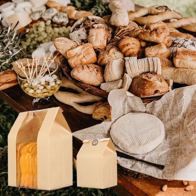 GRANDAN 100 Packs Large Paper Bread Bags for Homemade Bread, Kraft Paper Bakery Bags with Window for Sourdough Toast Packing Storage, Baked Loaf Gifting Bag Bonus Label Seal Stickers 12.6x8.3x4.0 inch