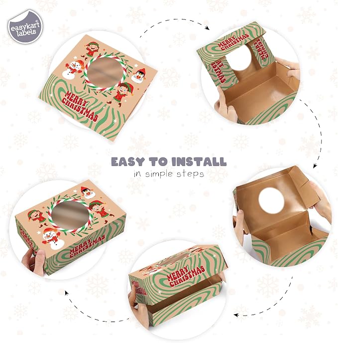 easykart labels 12 PCS Christmas Cookie Gift Baking Box 8.75" x 5.75" x 2.75" with Window Auto-Popup for Pastries, Cupcakes, Cookies, Brownies, Donuts Gift-Giving