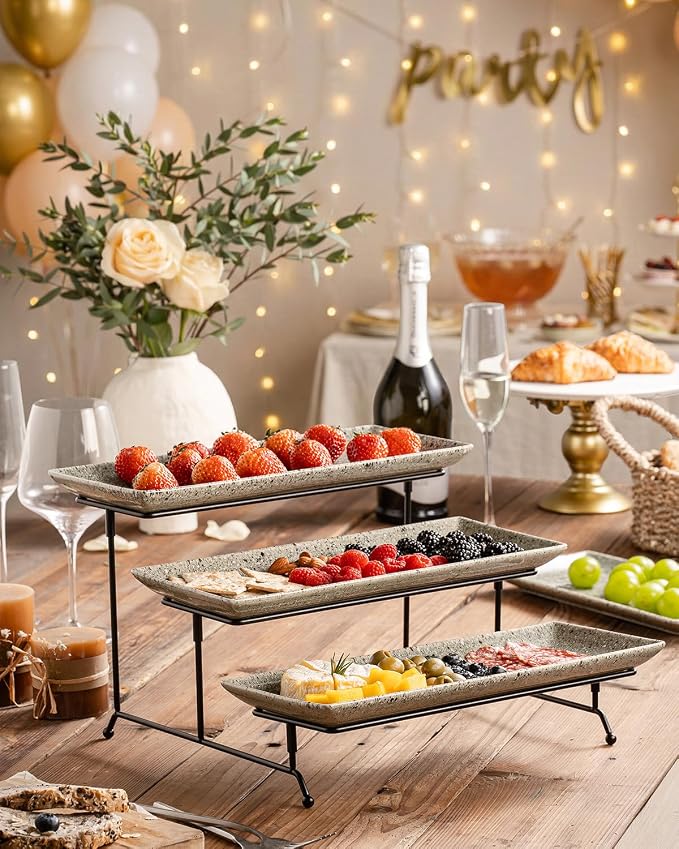 LAUCHUH 3 Tier Serving Trays for Party, 14 inch Dessert Party Display Stand Serving Platters and Trays with Collapsible Sturdier Rack for Father's Day Serving Food, Speckled Gray