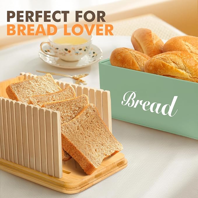 RYTOXILO Bread Slicer with Bread Box, Green Bread Storage Container for Kitchen Countertop with Multifunction Bamboo Lid, 3 in 1 Breadbox for Loaf Slicing & Tray, Bread Holder for Kitchen Counter