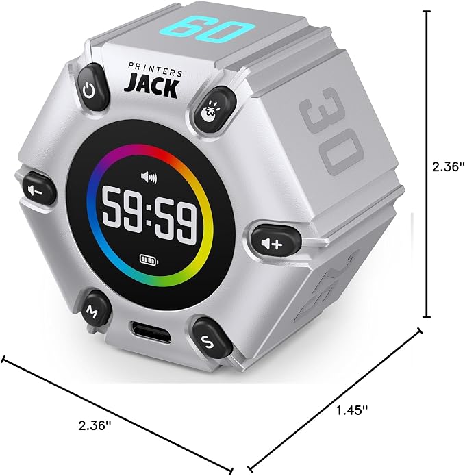 Printers Jack Pomodoro Timer - Productivity Cube, Visual Focus Timer, Mute & Vibration & Adjustable Sound Alert, for Office, ADHD, Study, Work, 3/5/10/25/30/60min & Custom Countdown - Silver