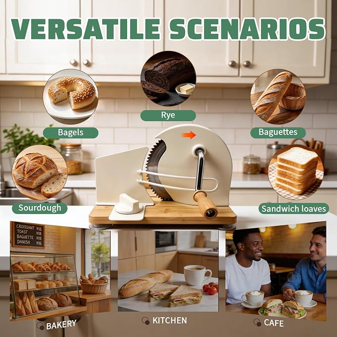 Manual Bread Slicer, Detachable Stainless Steel Blade & Folding Wood Base - Adjustable Slice Thickness 1-20mm, Suction Cup Base, Metal Guide & Rotating Handle for Sourdough, Bagels, Toast