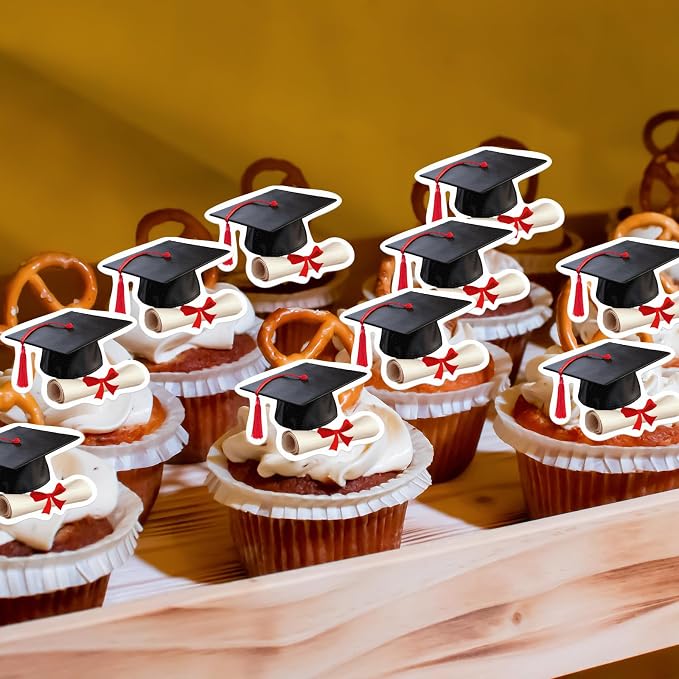 48pcs Edible Graduation Cap Cupcake Toppers Wafer Paper Red Grad Cap Diploma Cake Decorations Edible Grad Cap Cupcake Picks for 2026 Graduation Theme Party Cake Decor Supplies