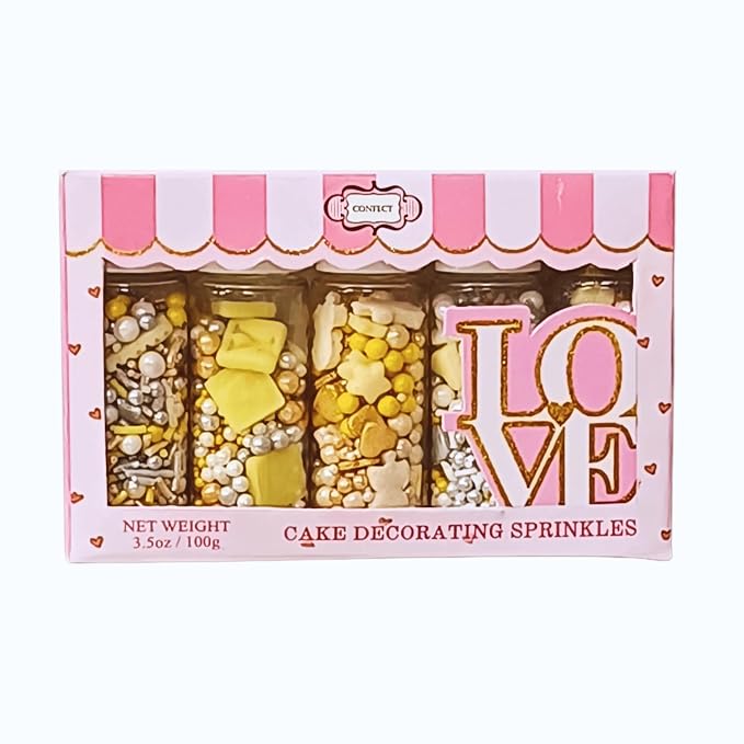 Confect Neutral Baby Shower Sprinkles | Gender Reveal Sprinkles | Birthday Sprinkles | Mix Silver, Gold & Pearls Teddy, Heart, Star & Baby Feet Sprinkle Pack of 5 | Vegan, Gluten-Free, Nut-Free, Soy-Free, Dairy-Free, Palm Oil-Free - 5 Oz
