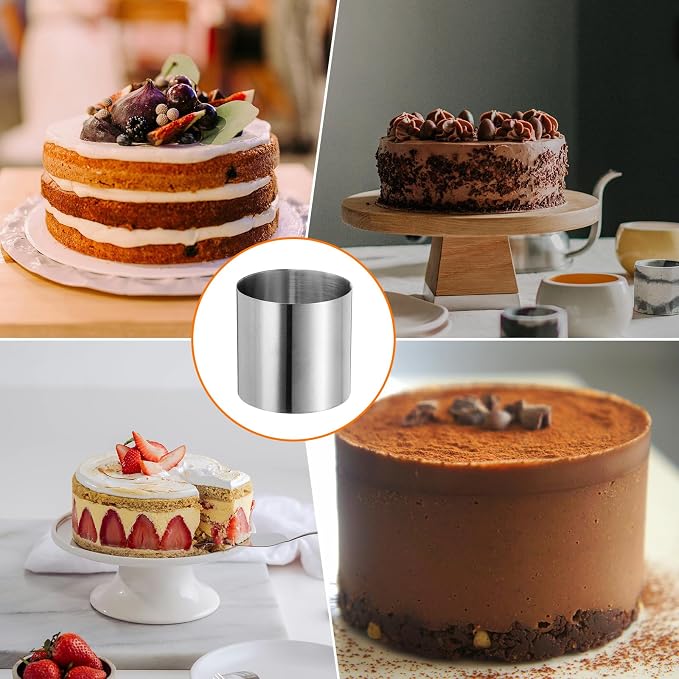 HARFINGTON 2PCS Round Cake Ring 2 x 2 Inch Seamless Stainless Steel Pastry Mousse Dessert Ring Mirror Coating for Baking Cooking Making Tool