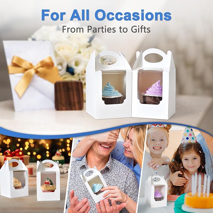 Cupcake Boxes 12 pcs, Individual Cupcake Containers White with Window Insert and Handle, Pastry Box Single Muffins Holder Disposable for Bakery Wrapping Party Favor Packaging