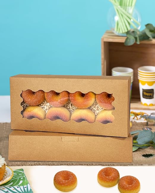 qiqee 50 Packs Brown Cookie Box with Window 12x5.5x2.5 Inch Two Uses Pastry Biscuit Bakery Box For Packaging
