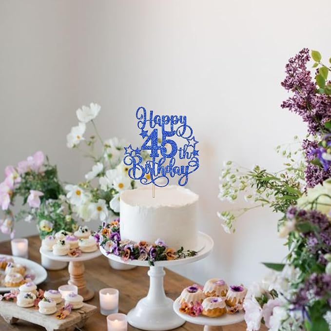 1 PCS Happy 45th Birthday Cake Topper Glitter Cheers to 45 Years Birthday Cake Pick Hello 45 Fabulous Cake Decoration for Happy 45th Birthday Anniversary Party Decorations Supplies Blue