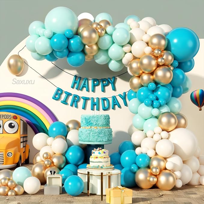 Teal Balloons Arch Kit, Teal Green Balloon Garland Arch Kit, Macaron Teal Blue Retro White Metallic Gold Balloons For Birthday Baby Shower Back To School Theme Party Wedding Decorations Supplies