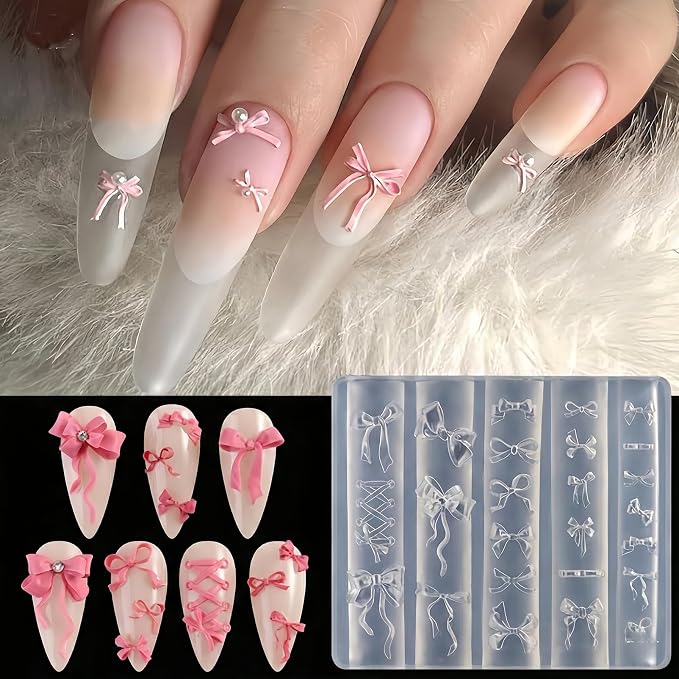 Bow Nail Art Silicone Mold for Acrylic Nails, 3D Ribbon & Lace Nail Charms Mold, Flexible Reusable Silicone Mold for Nail Art Decoration, DIY Nail Accessories for Gel Acrylic Resin